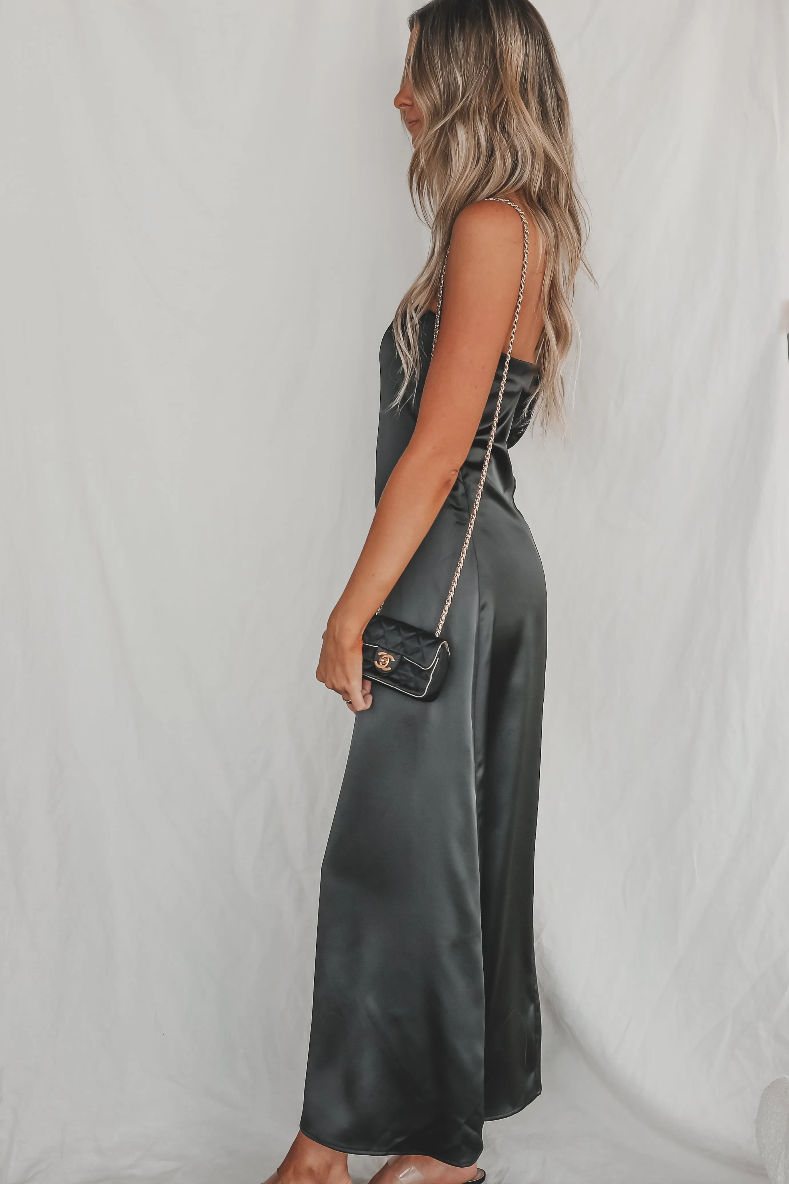 DEAL Sassy Side Strapless Black Satin Maxi Dress