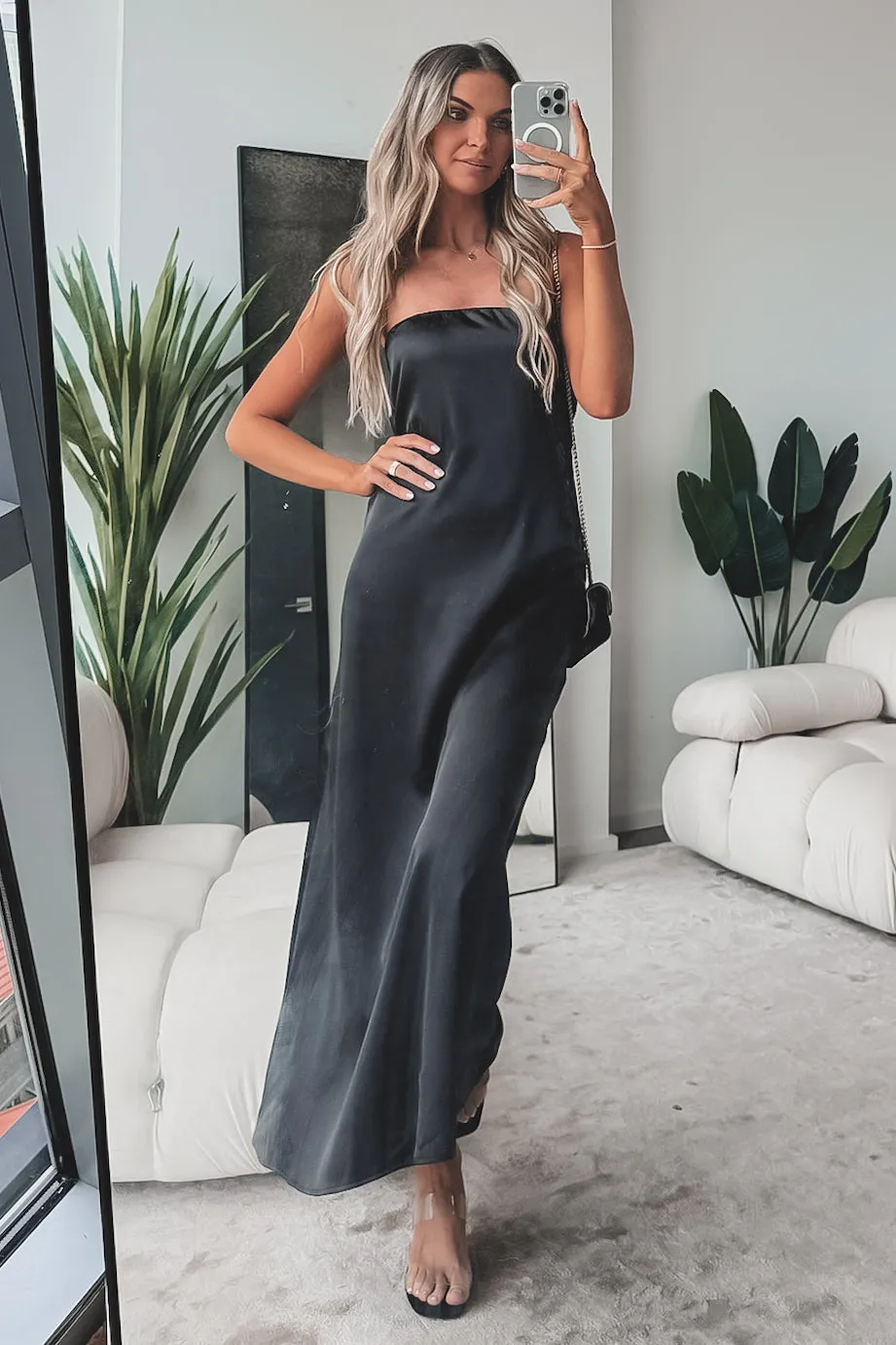 DEAL Sassy Side Strapless Black Satin Maxi Dress