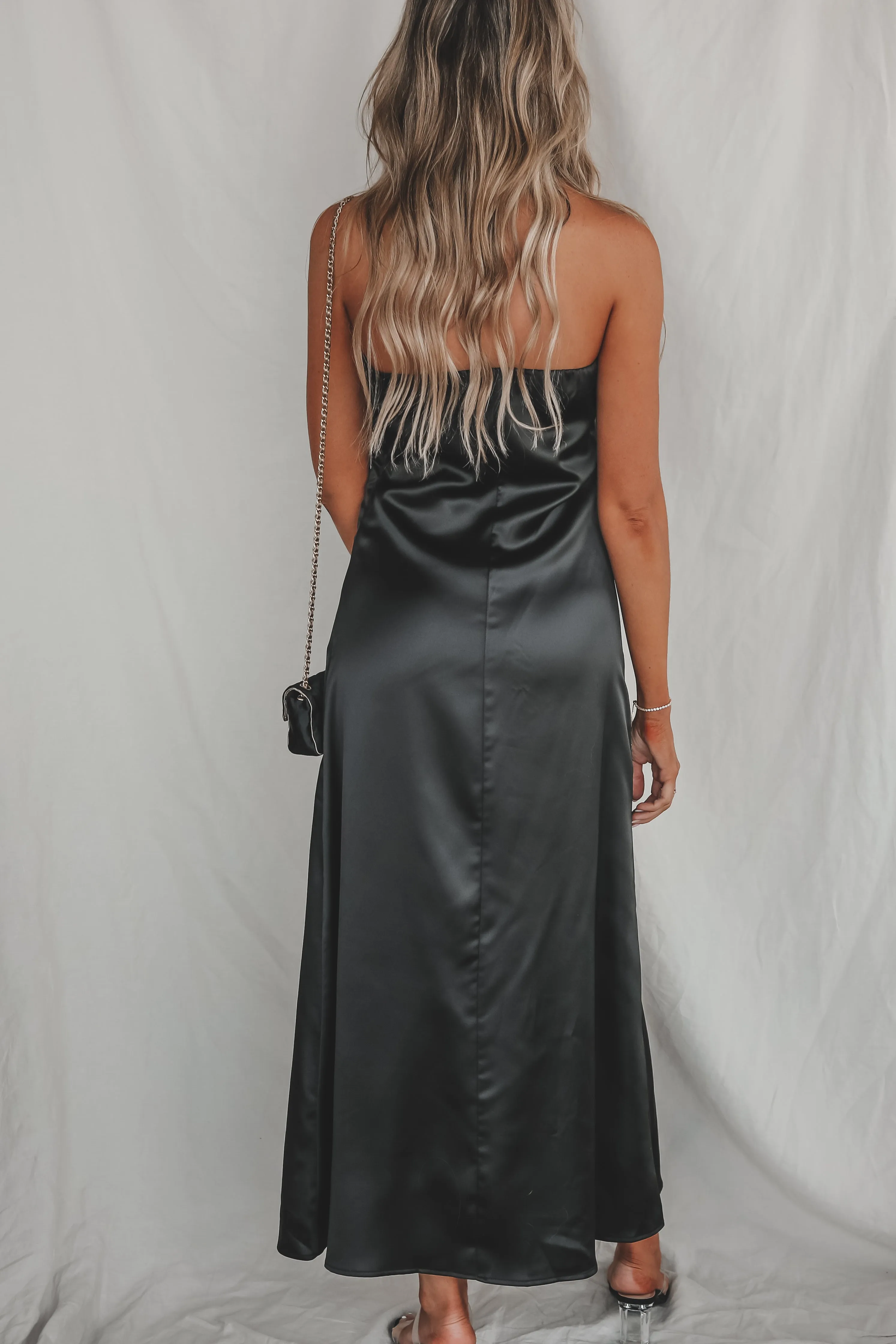 DEAL Sassy Side Strapless Black Satin Maxi Dress