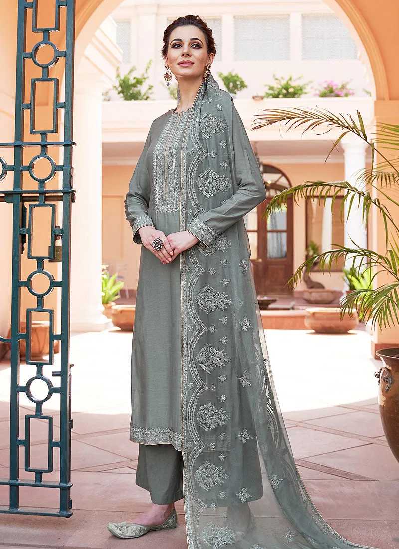 Deep Grey Kashmiri Embroidered Designer Palazzo Suit