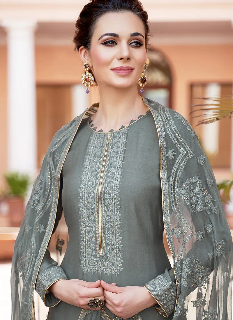Deep Grey Kashmiri Embroidered Designer Palazzo Suit
