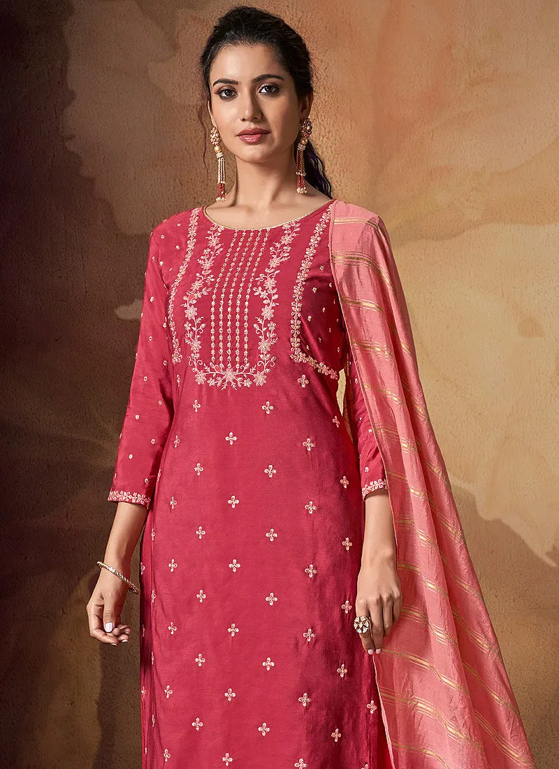 Deep Pink Zari Embroidered Palazzo Suit