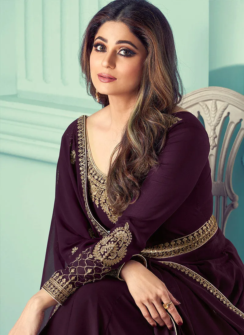 Deep Wine And Gold Embroidered Anarkali