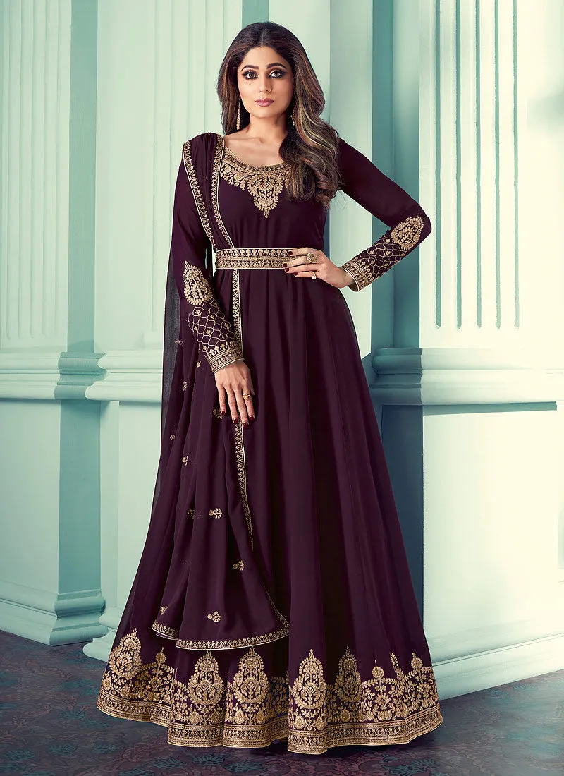 Deep Wine And Gold Embroidered Anarkali