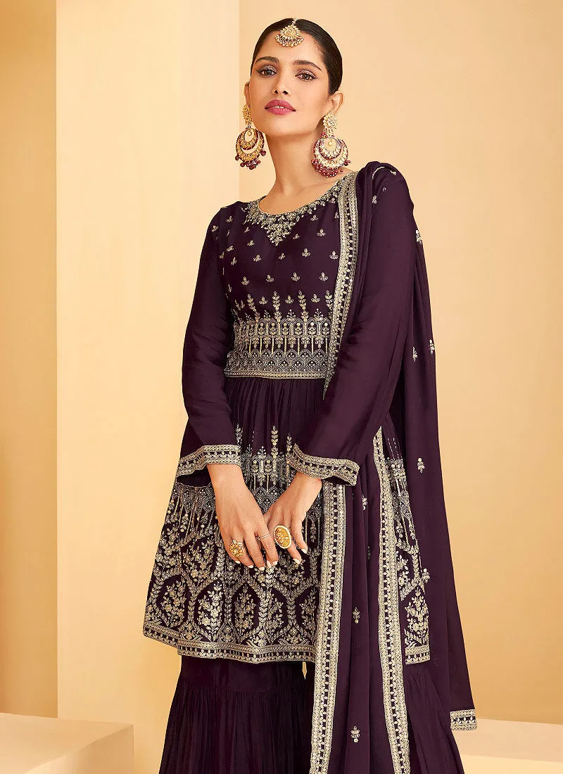 Deep Wine Georgette Embroidered Sharara Style Suit