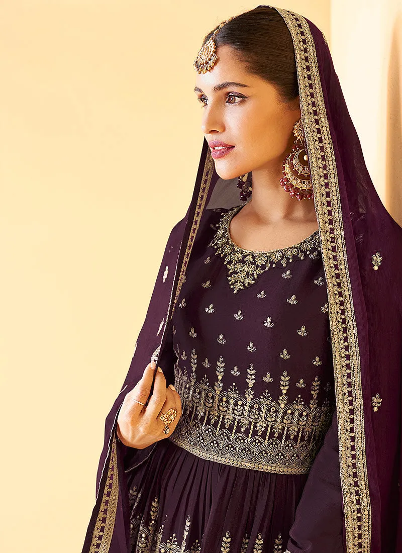 Deep Wine Georgette Embroidered Sharara Style Suit