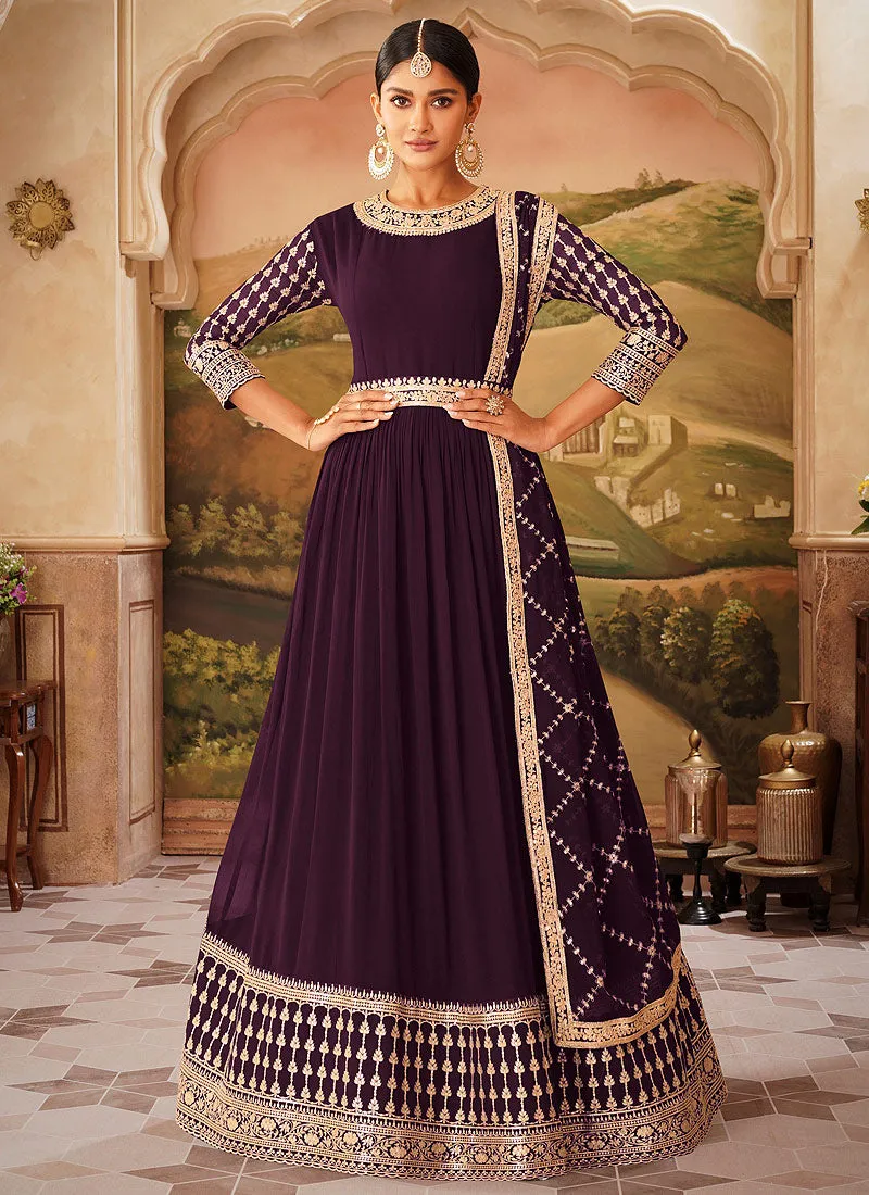 Deep Wine Zari Embroidered Belt Style Anarkali Suit