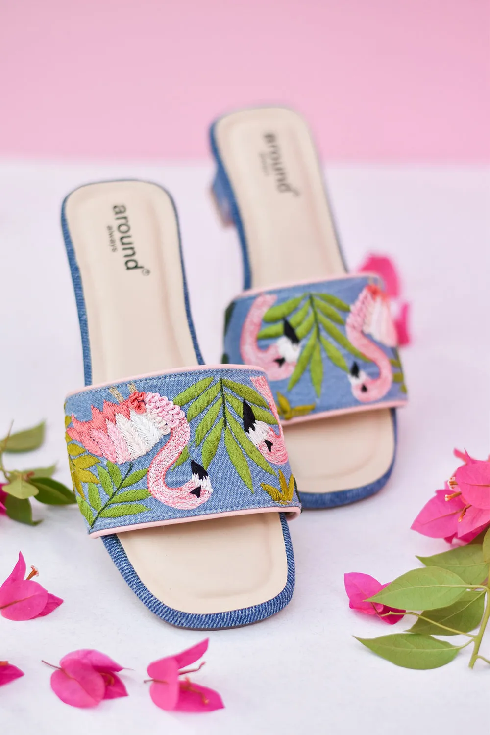Denim Hand Embroidered Flared Blue Heels