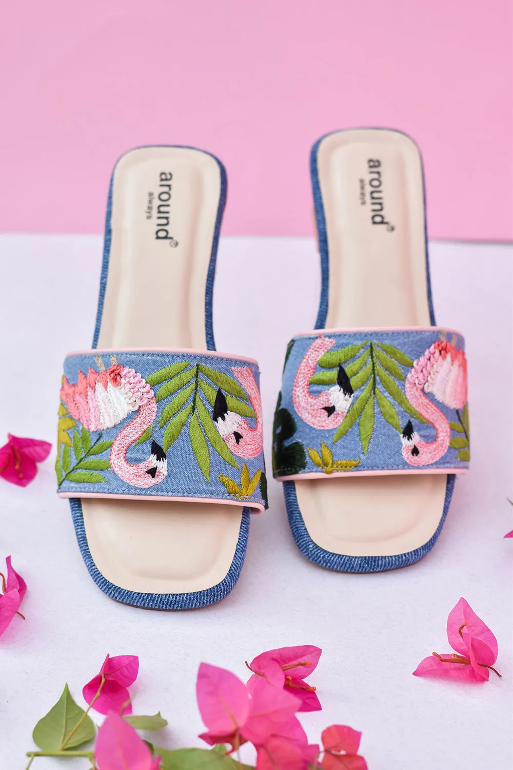 Denim Hand Embroidered Flared Blue Heels