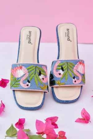 Denim Hand Embroidered Flared Blue Heels