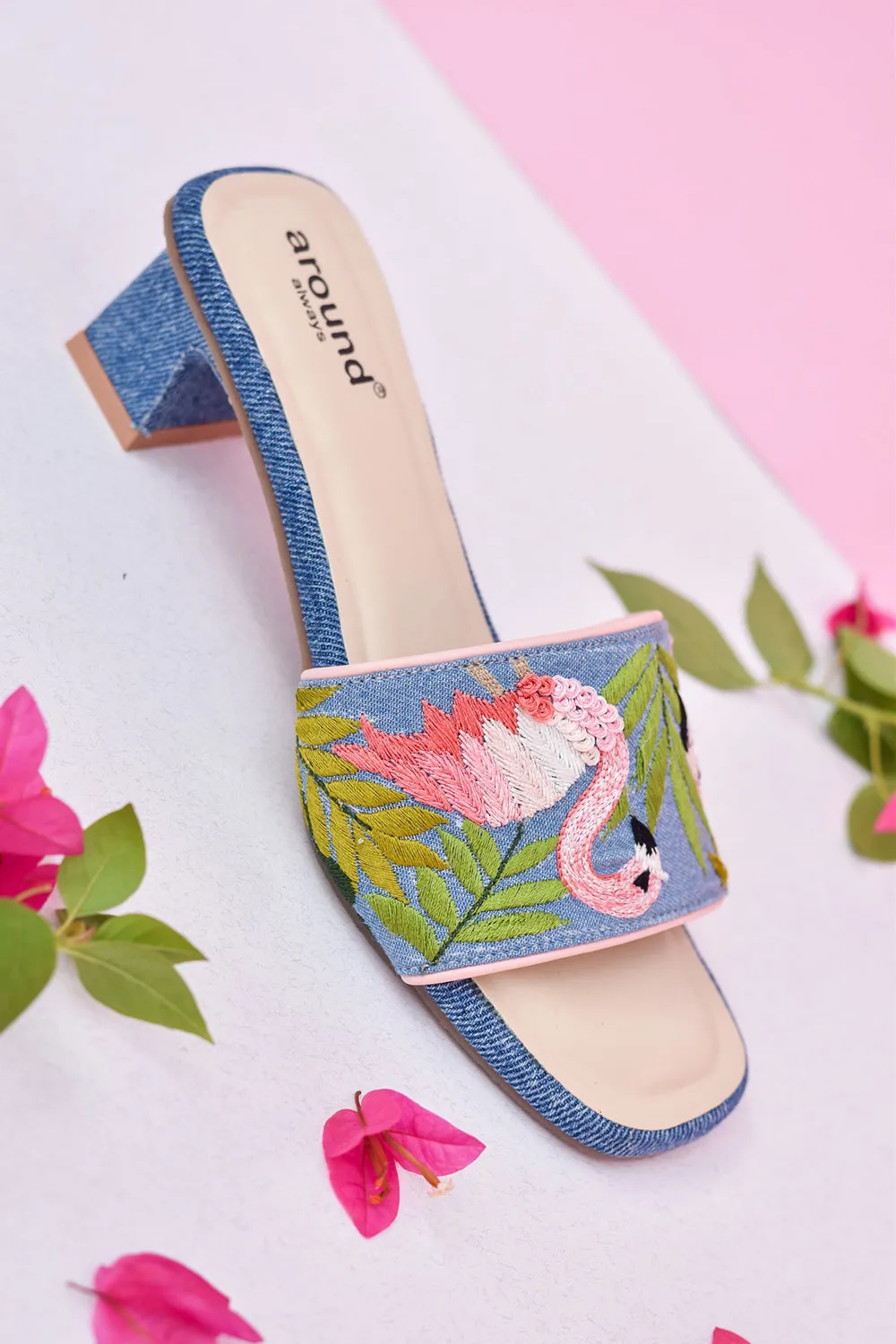 Denim Hand Embroidered Flared Blue Heels