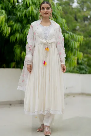 Dori Embroidered Ivory Anarkali Set In Handwoven Chanderi