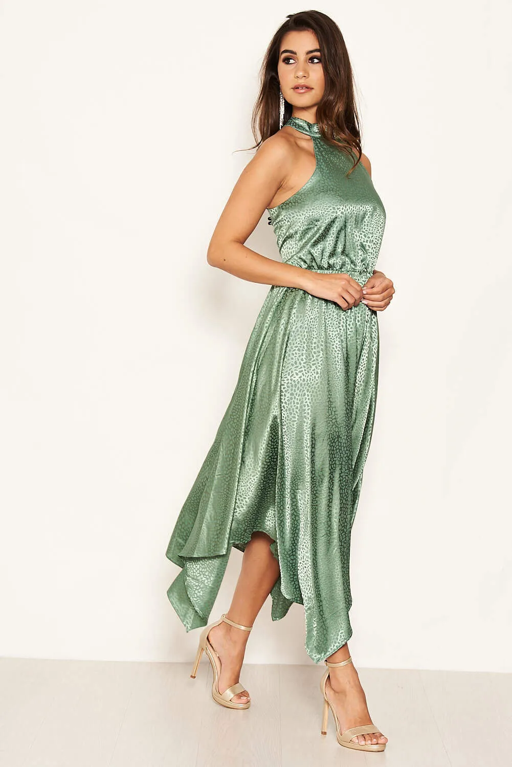 Duck Egg Printed Satin Sleeveless Maxi Dress