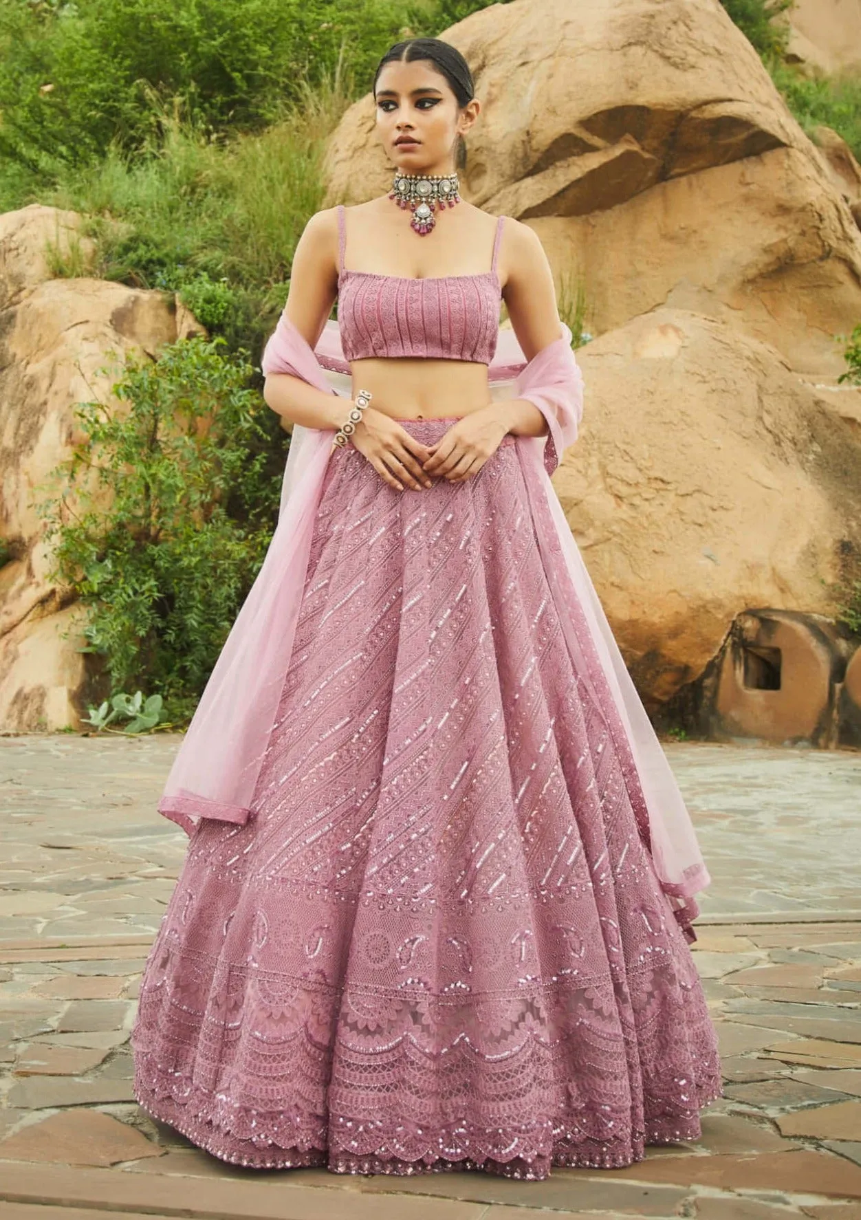 Dusty pink embroidered lehenga set