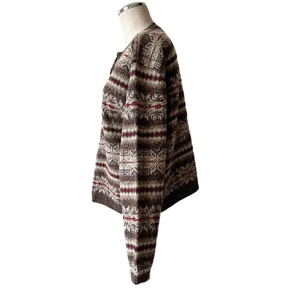 Eddie Bauer Snowflake Wool Silk Pullover Henley Sweater Brown Red-Women's Large
