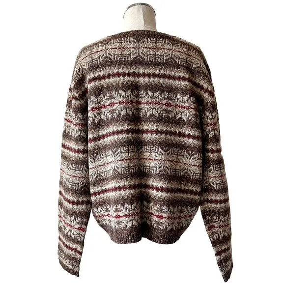 Eddie Bauer Snowflake Wool Silk Pullover Henley Sweater Brown Red-Women's Large
