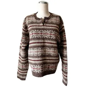 Eddie Bauer Snowflake Wool Silk Pullover Henley Sweater Brown Red-Women's Large