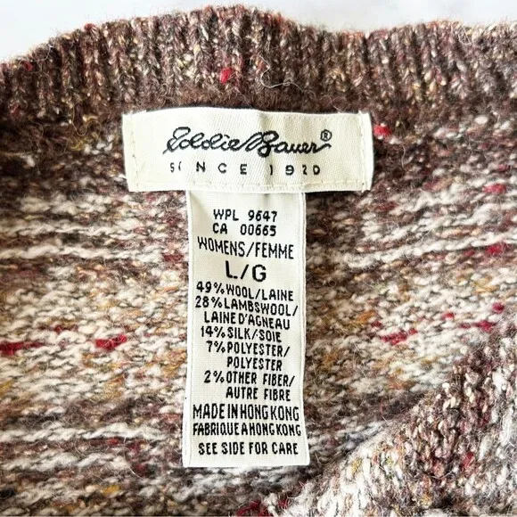 Eddie Bauer Snowflake Wool Silk Pullover Henley Sweater Brown Red-Women's Large