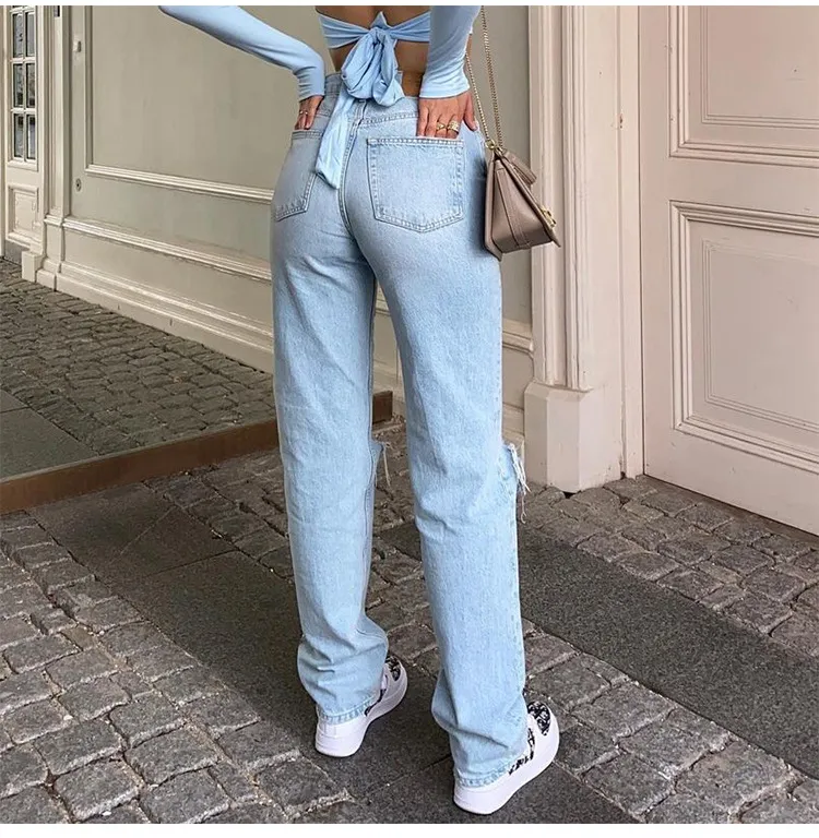Edgy High-Waisted Ripped Straight-Leg Jeans for Women
