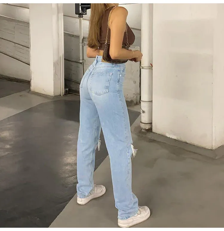 Edgy High-Waisted Ripped Straight-Leg Jeans for Women