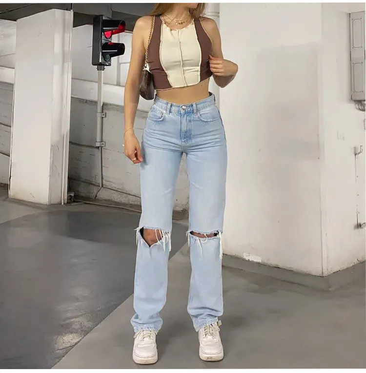 Edgy High-Waisted Ripped Straight-Leg Jeans for Women