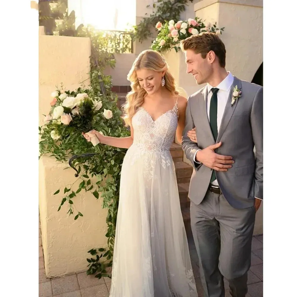 Elegant tulle applique V-neck backless lace romantic beach garden wedding dress plus size sexy robe Mary Reception bridal dress