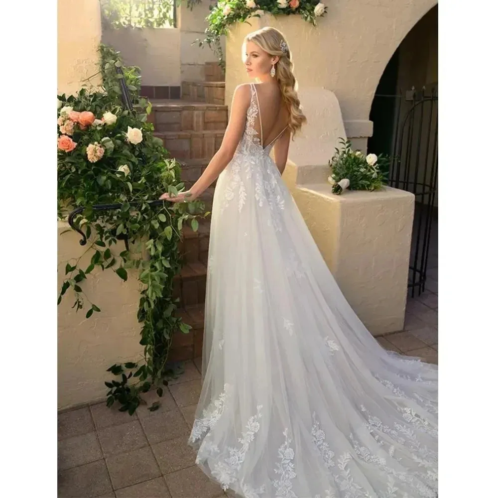 Elegant tulle applique V-neck backless lace romantic beach garden wedding dress plus size sexy robe Mary Reception bridal dress