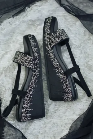 Embroidered Black Wedges