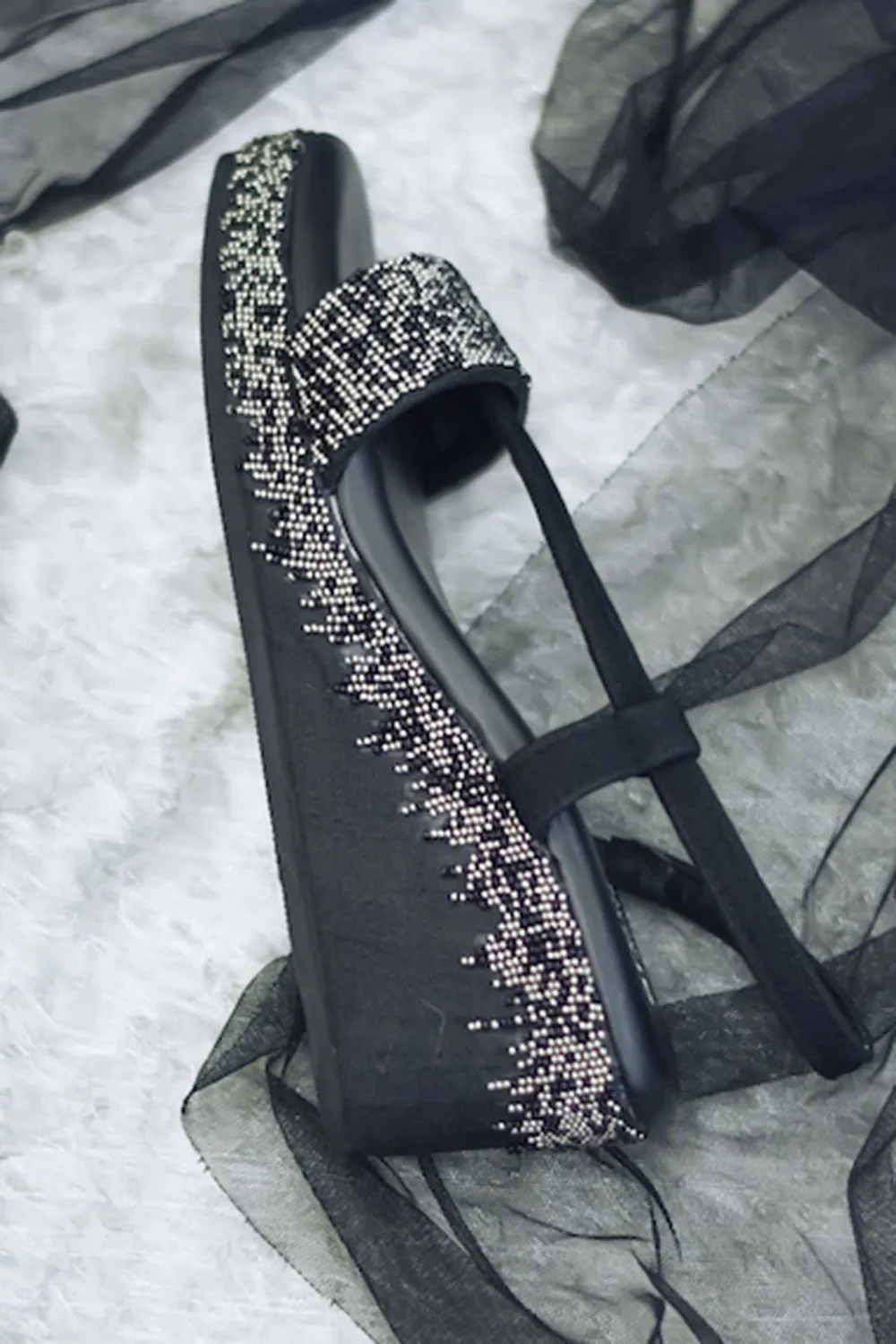 Embroidered Black Wedges