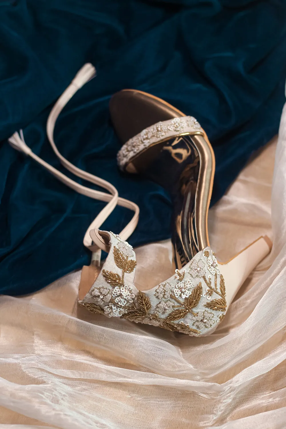Embroidered Pencil Gold Heels
