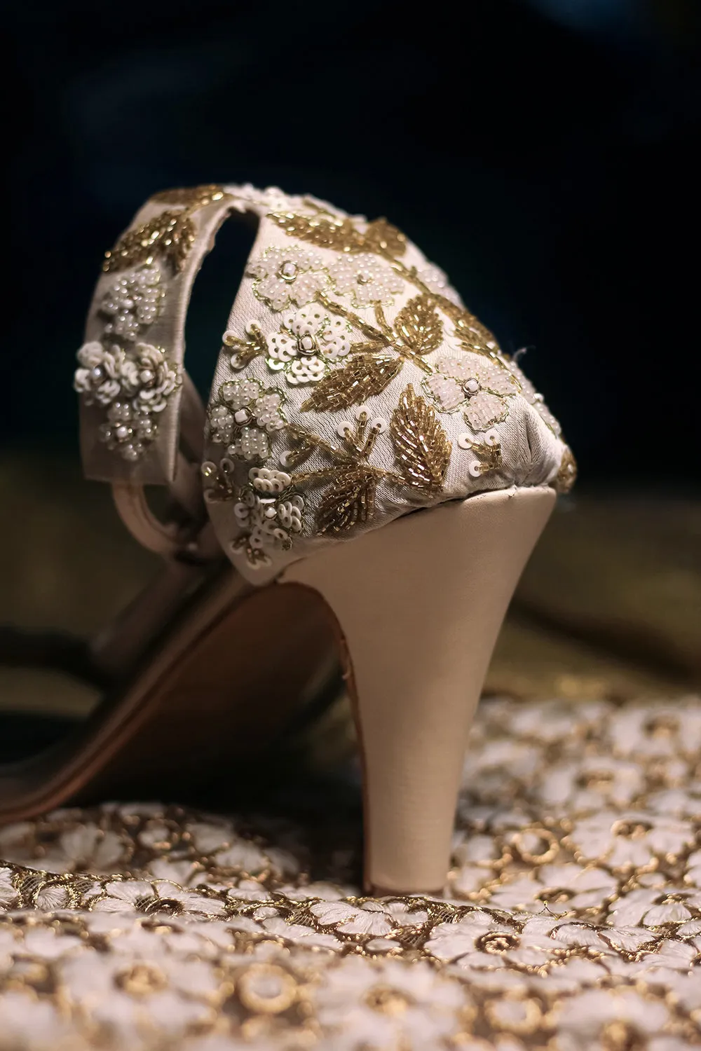 Embroidered Pencil Gold Heels