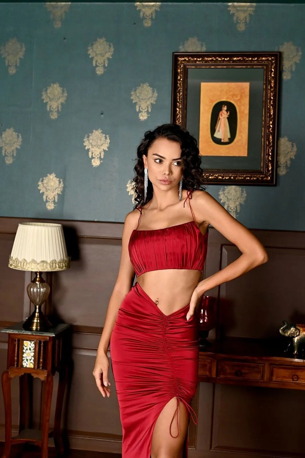 Endless blessings - red satin gathered midaxi skirt