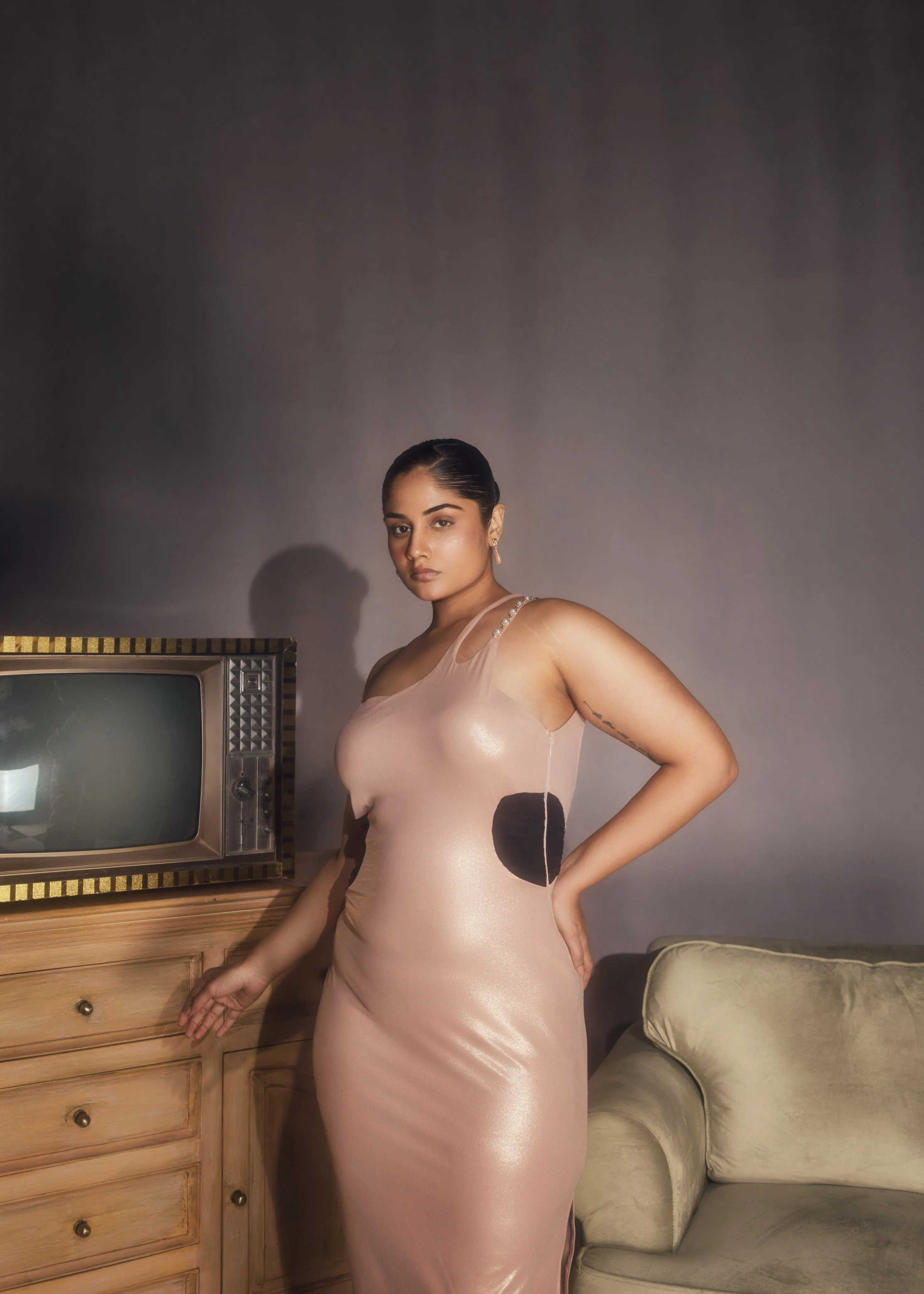 Esmaria Nude Shimmer Spandex One-Shoulder Embellished Midi Dress