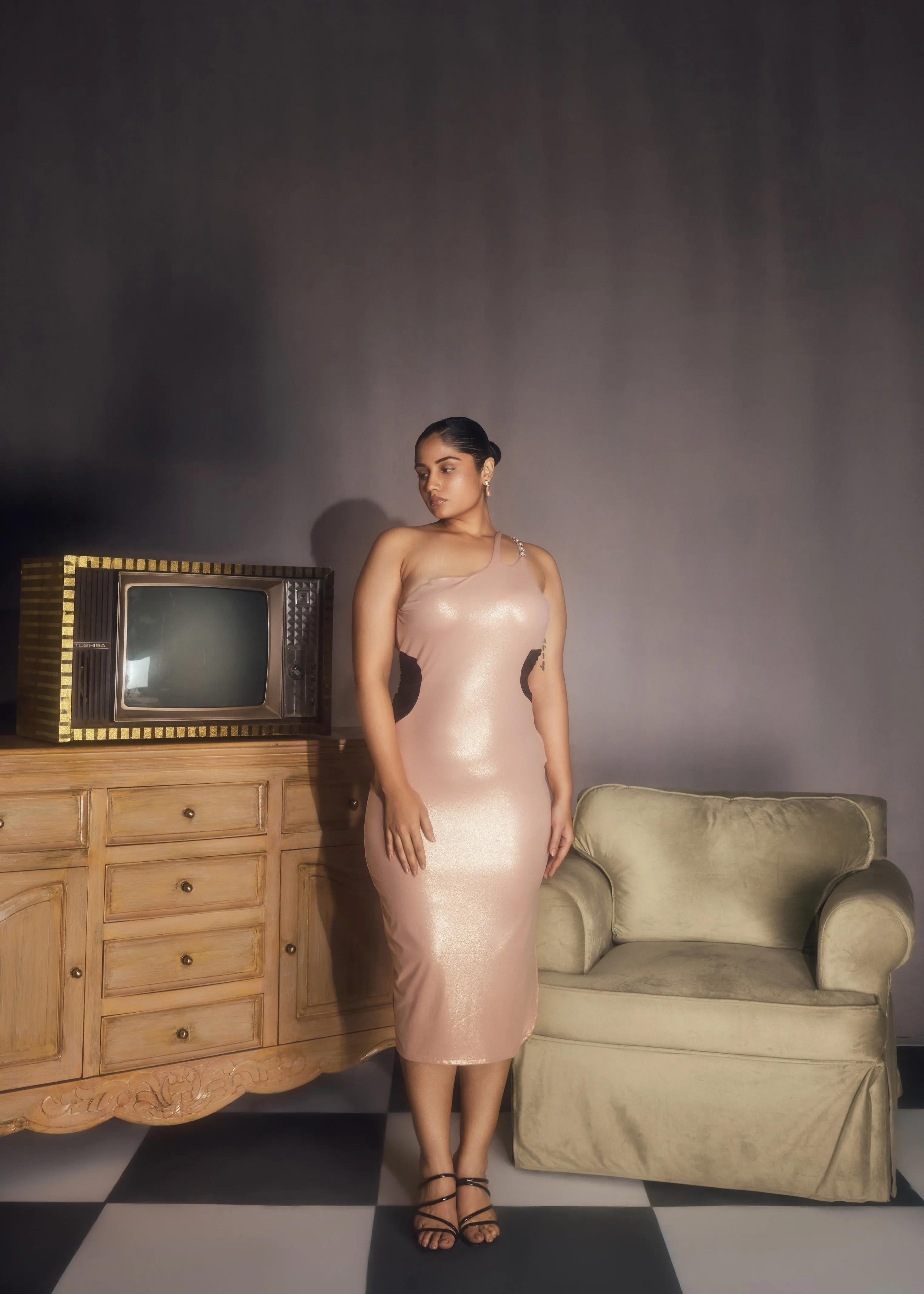 Esmaria Nude Shimmer Spandex One-Shoulder Embellished Midi Dress