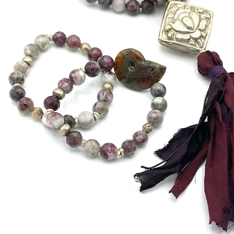 Eudialyte Gemstone & Ammonite Stretch Bracelet MEDIUM
