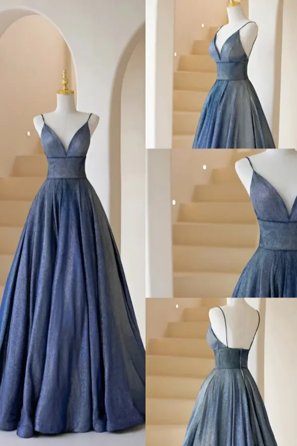 Fashionable A Line Blue Straps V Neckline Long Prom Dress, Blue A Line Evening Dress APP0880