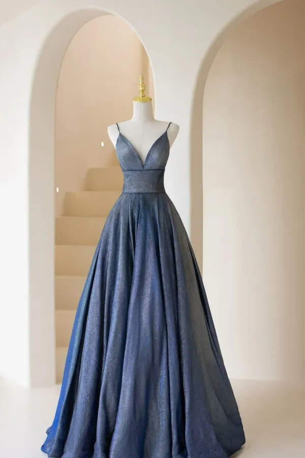 Fashionable A Line Blue Straps V Neckline Long Prom Dress, Blue A Line Evening Dress APP0880
