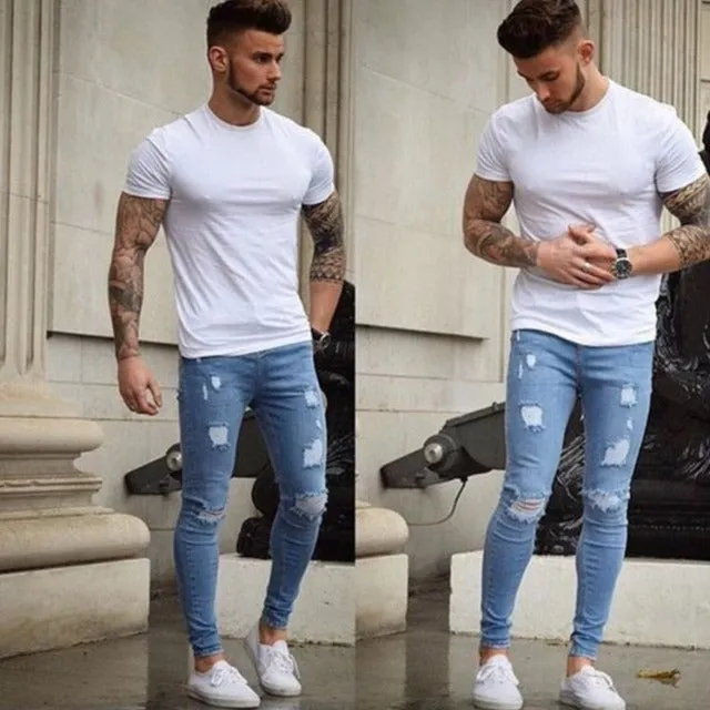 Fashionable men's ripped skinny jeans