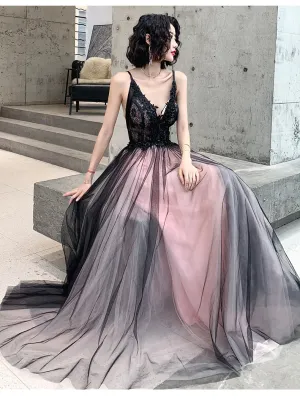 Fashionable Pink and Black Tulle V-neckline Party Dress, Pink Lace Applique Evening Gown
