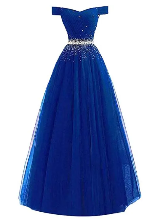 Fashionable Royal Blue Tulle Beaded Off Shoulder Prom Dress, Long Party Dress