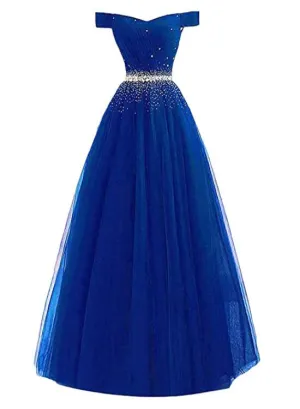 Fashionable Royal Blue Tulle Beaded Off Shoulder Prom Dress, Long Party Dress