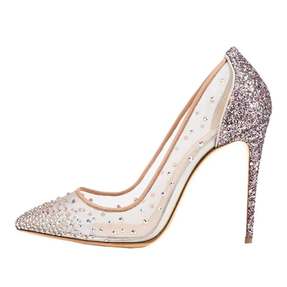 Fashionable wedding shoes with a height of 12cm and a mesh cloth with a colorful sparkling water drill combined with