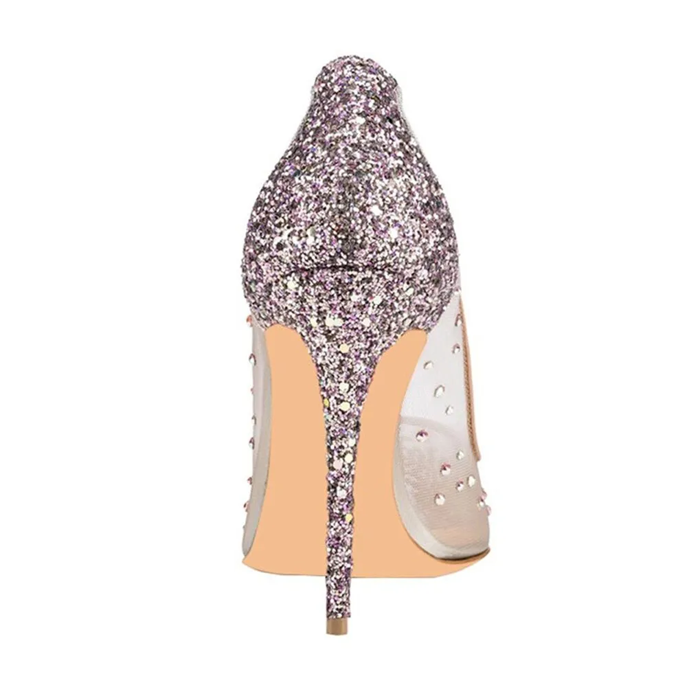 Fashionable wedding shoes with a height of 12cm and a mesh cloth with a colorful sparkling water drill combined with
