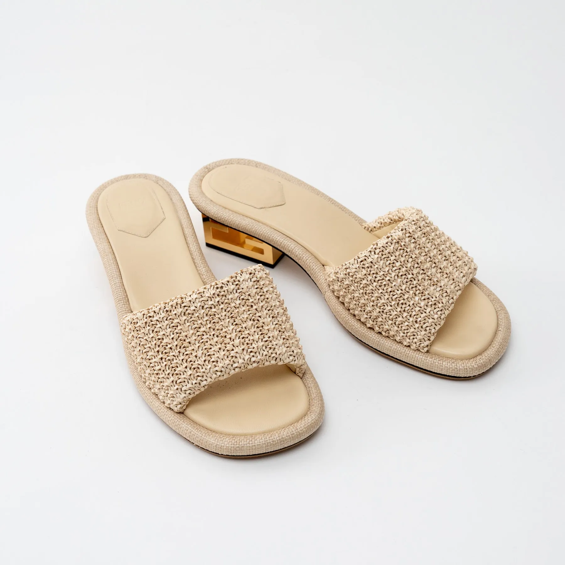 Fendi Beige Raffia Intreccio Baguette Slide Sandals Size 40
