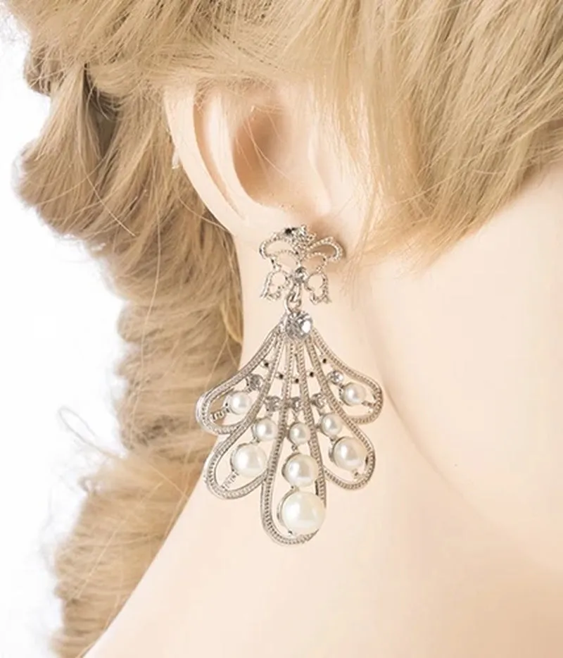 Flare Pearl Crystal Fashion Vintage Earrings Silver
