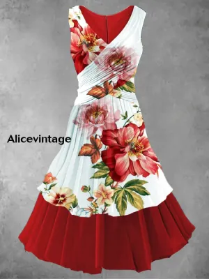 Floral Art Print 50s Vintage Elegant Chic Sleeveless Midi Dress