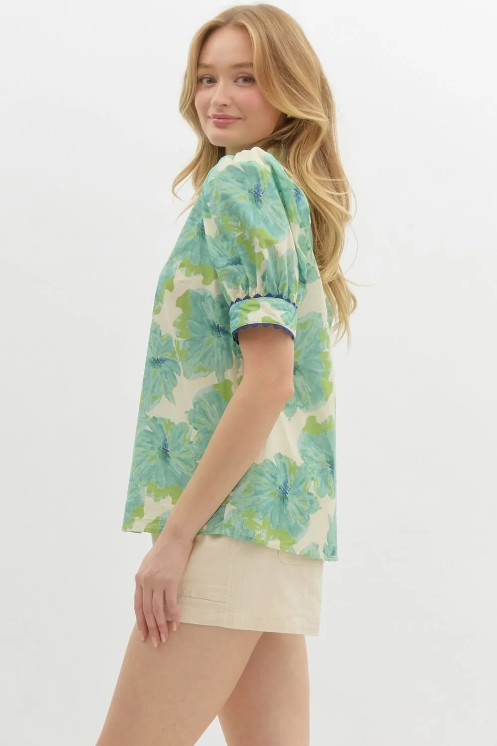 Floral Print Band Puff Sleeve With Ric Rac Trim Accent Top