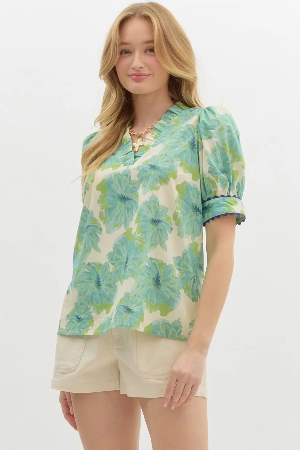 Floral Print Band Puff Sleeve With Ric Rac Trim Accent Top