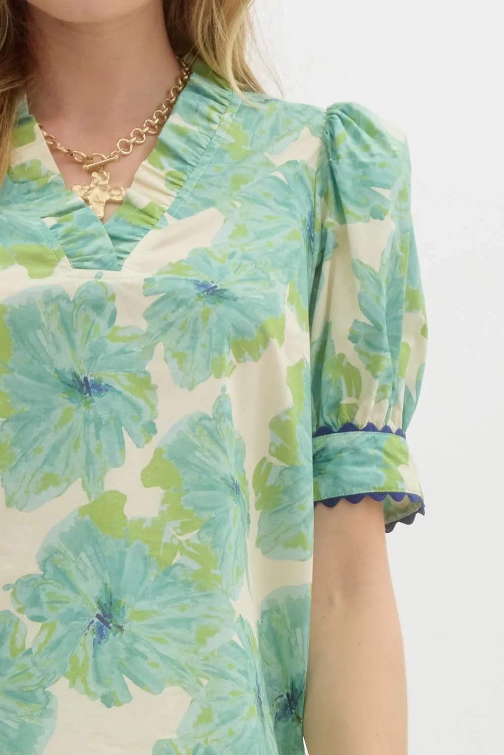 Floral Print Band Puff Sleeve With Ric Rac Trim Accent Top