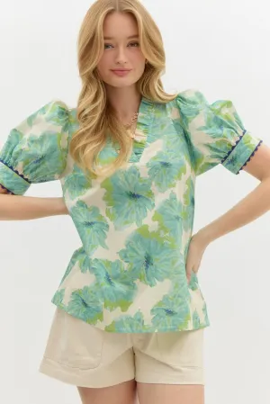 Floral Print Band Puff Sleeve With Ric Rac Trim Accent Top